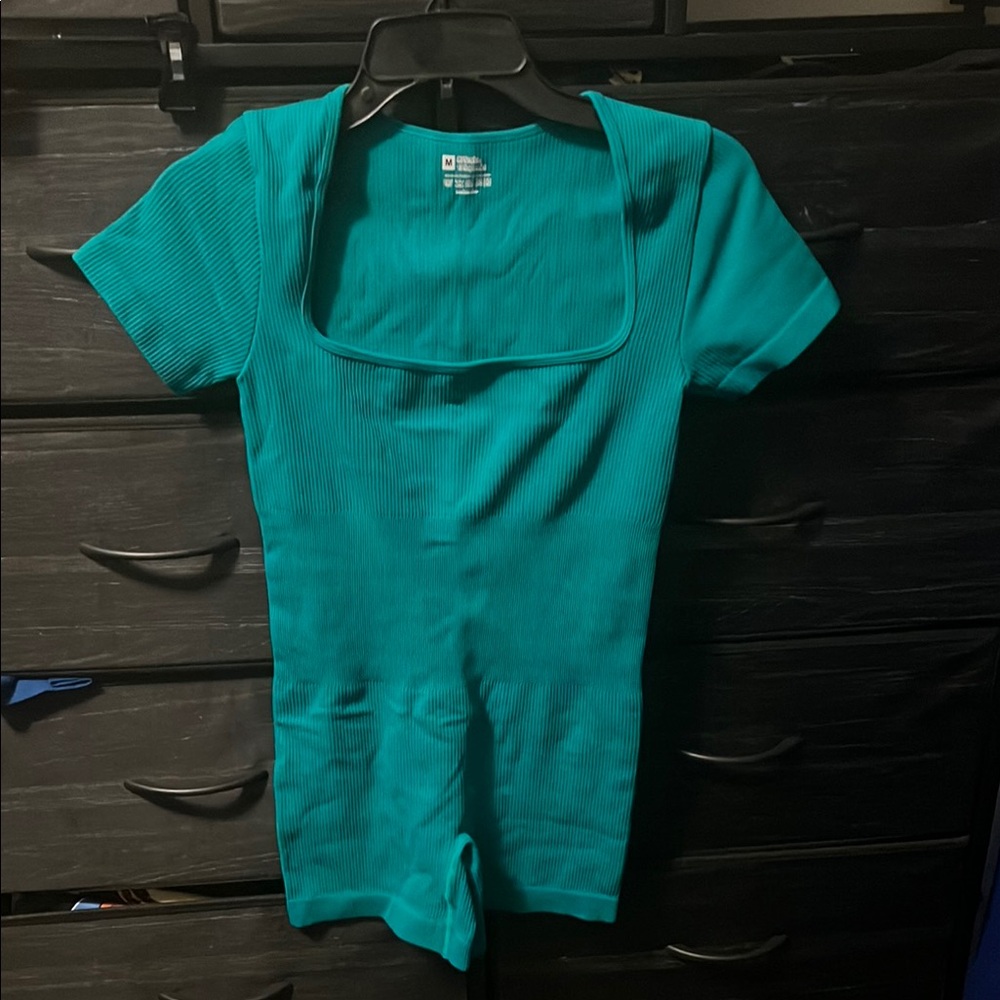 Green Ribbed Square Neck Top